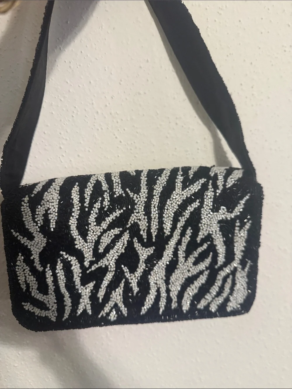 Beaded Black and Silver Zebra-Print Shoulder Bag